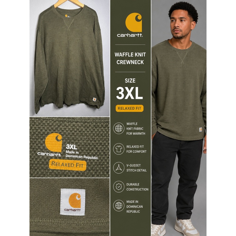 Carhartt Mens 3XL Relaxed Fit Waffle Knit Crewneck Long Sleeve Green 100110